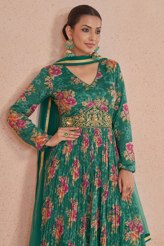 Embellished Floral Printed Work On Green Color Georgette Anarkali Suit
