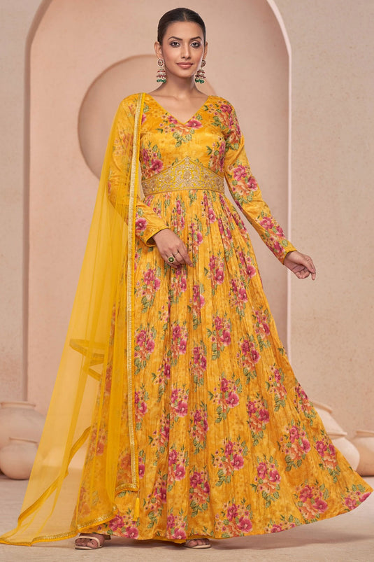 Tempting Yellow Color Georgette Anarkali Suit With Floral Printed Work