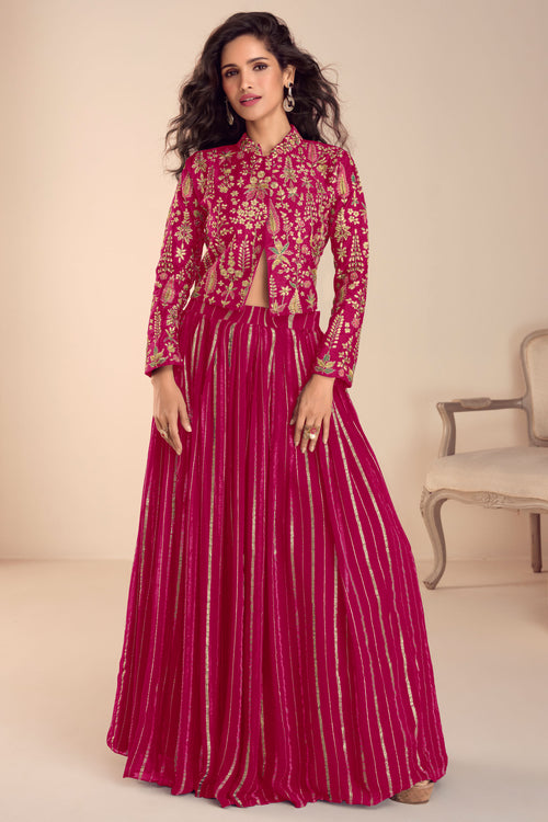 Magenta Designer Art Silk Embroidered Readymade Top And Viscose Silk Skirt