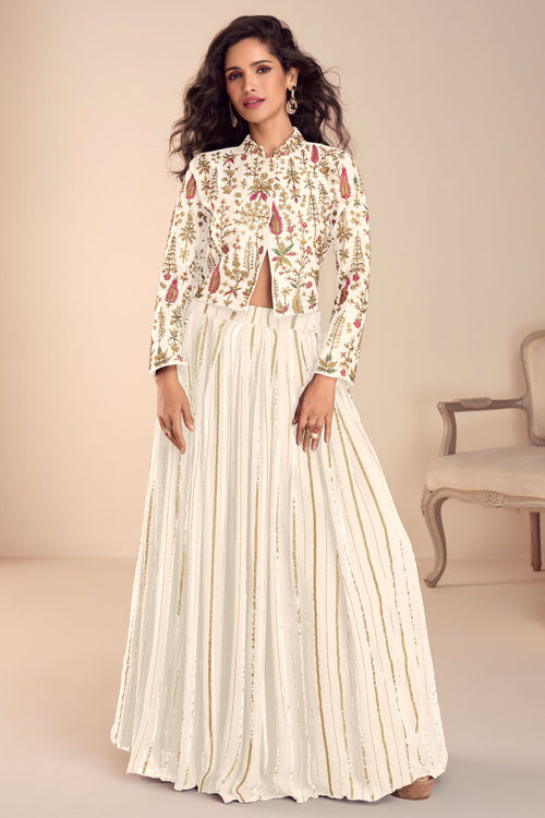 Premium Off White Art Silk Readymade Top And Viscose Silk Skirt