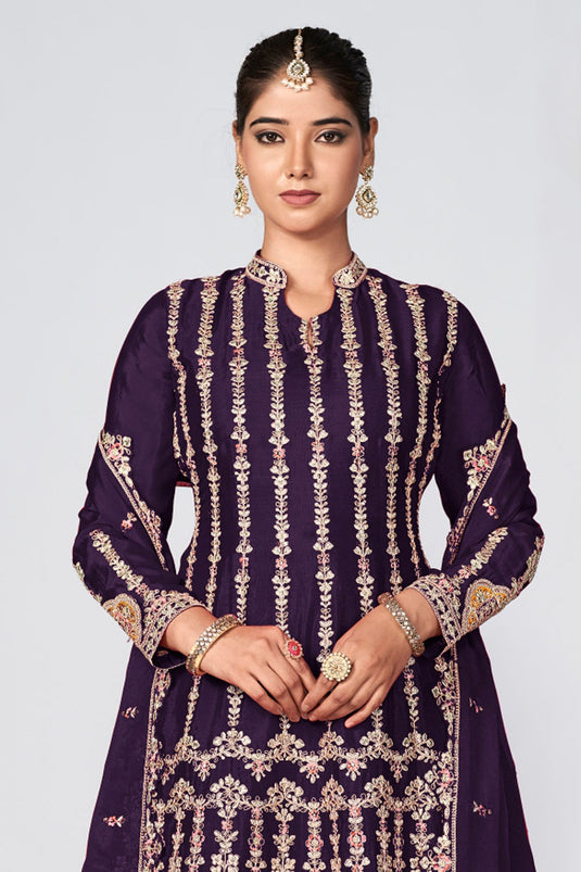 Stylish Purple Color Chinon Fabric Readymade Embroidered Palazzo Suit