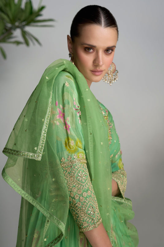 Eugeniya Belousova Sea Green Color Readymade Digital Printed Gown With Dupatta In Chinon Fabric