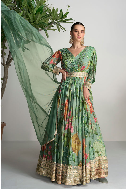 Eugeniya Belousova Chinon Fabric Digital Printed Readymade Gown With Dupatta In Green Color