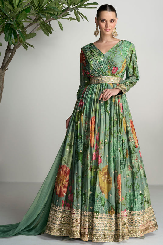 Eugeniya Belousova Chinon Fabric Digital Printed Readymade Gown With Dupatta In Green Color