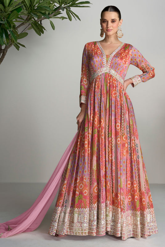 Eugeniya Belousova Pink Color Digital Printed Readymade Gown With Dupatta In Chinon Fabric