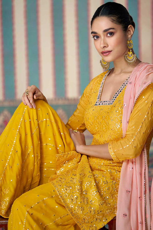 Attractive Mustard Color Chinon Fabric Sharara Suit