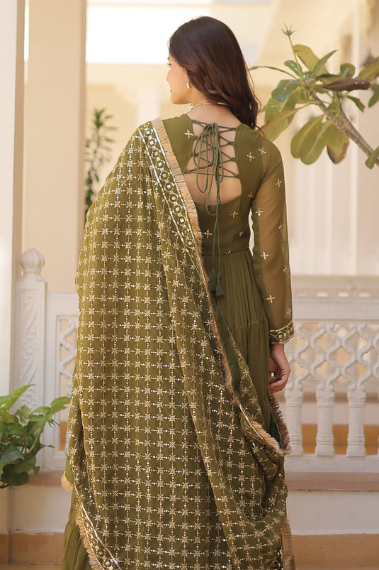 Trendy Georgette Fabric Green Color Readymade Gown With Dupatta