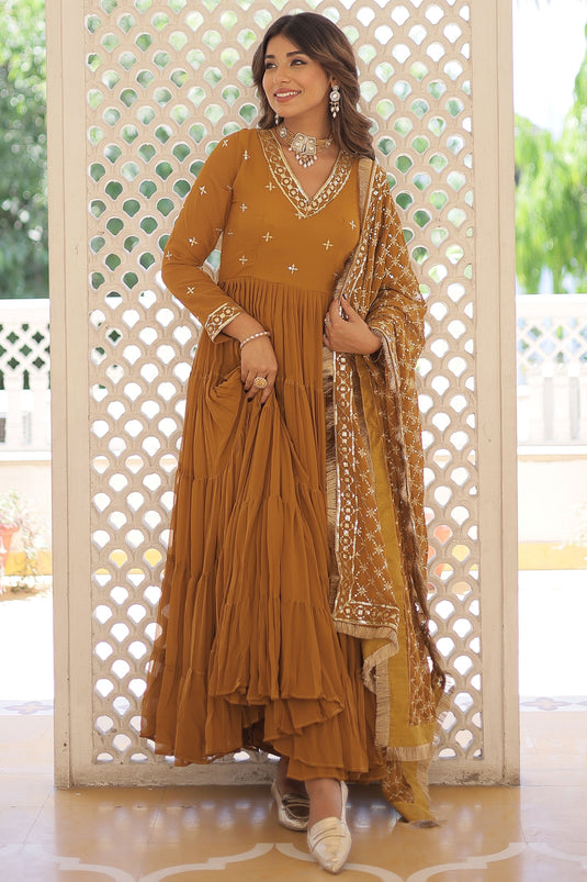 Attrective Georgette Fabric Mustard Color Readymade Gown With Dupatta
