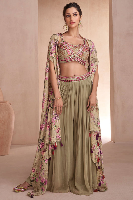 Diksha Singh Chinon Fabric Beige Color Stylish Readymade Palazzo Suit With Jacket