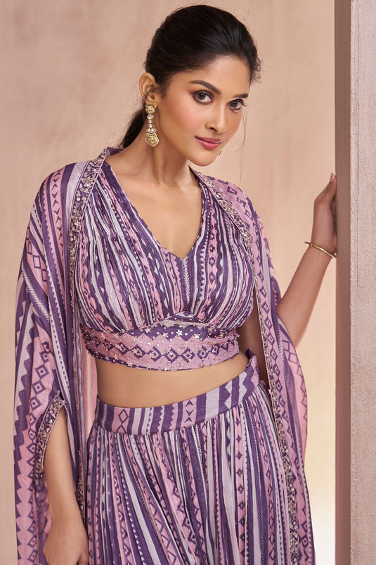 Sushrii Mishraa Georgette Fabric Purple Color Beatific Readymade Palazzo Suit With Jacket