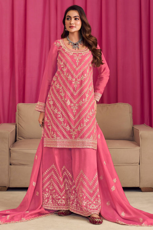 Pink Embroidered Synthetic Readymade Palazzo Salwar Suit