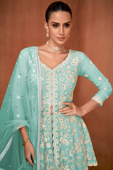 Cyan Embroidered Palazzo Salwar Kameez