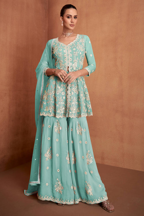 Cyan Embroidered Palazzo Salwar Kameez