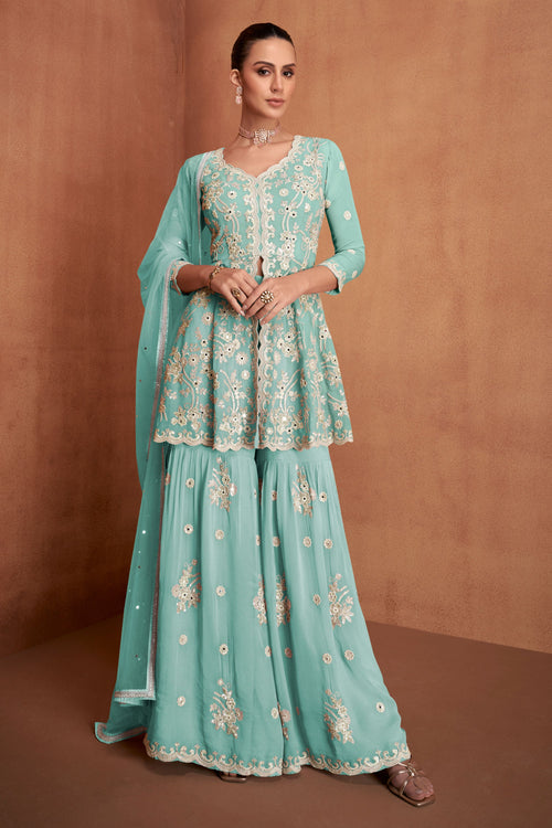 Heavy Embroidered Cyan Readymade Sharara Style Salwar Suit