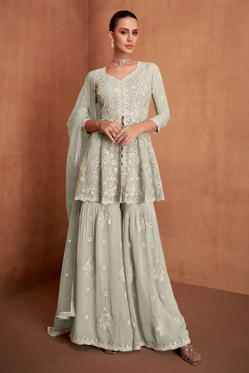 Grey Embroidered Georgette Readymade Sharara Style Suit