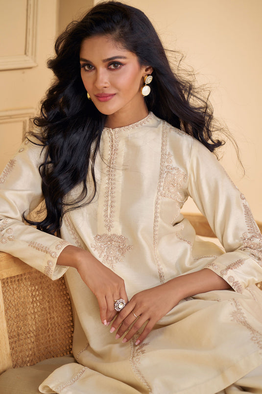 Sushrii Mishraa Tempting Art Silk Fabric Beige Color Palazzo Suit