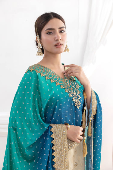 Embroidered Cyan Party Wear Designer Sharara Palazzo Suit With Kaftan Style Dupatta