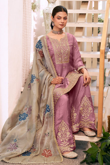 Elegant Silk Lavender Embroidered Palazzo Suit