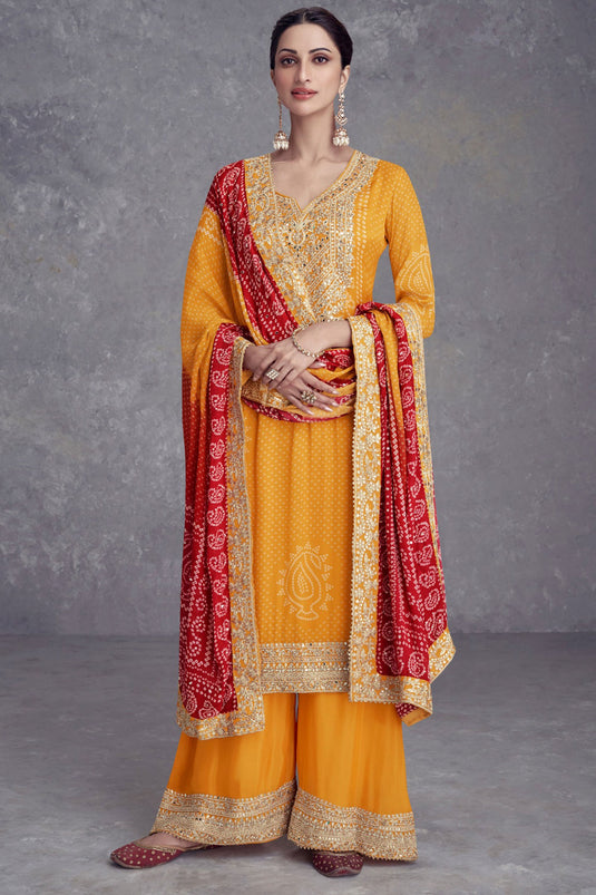 Diksha Singh Amazing Orange Color Chinon Fabric Palazzo Suit