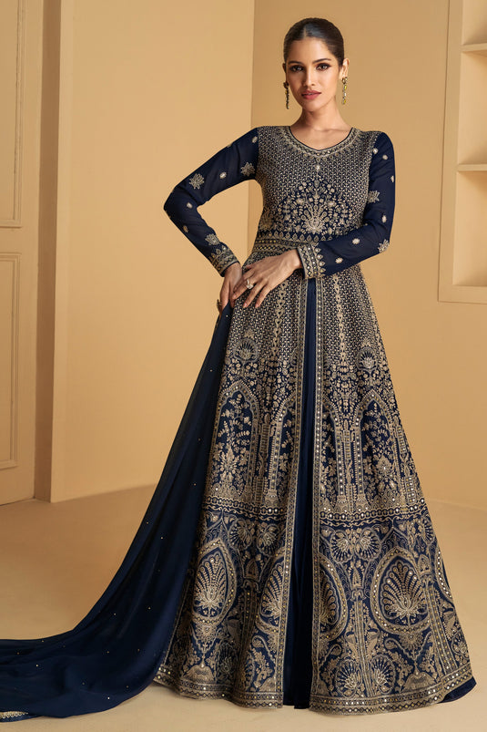 Vartika Singh Navy Blue Color Charismatic Georgette Readymade Sharara Top Lehenga