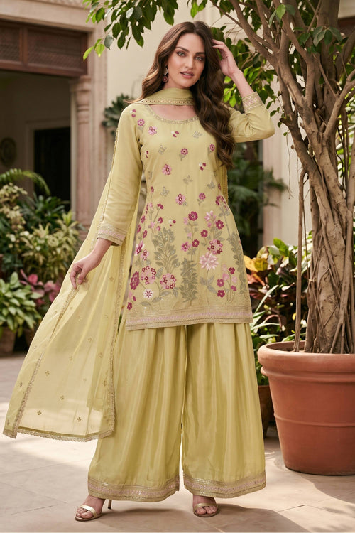 Embroidered Chinon Yellow Readymade Palazzo Salwar Kameez