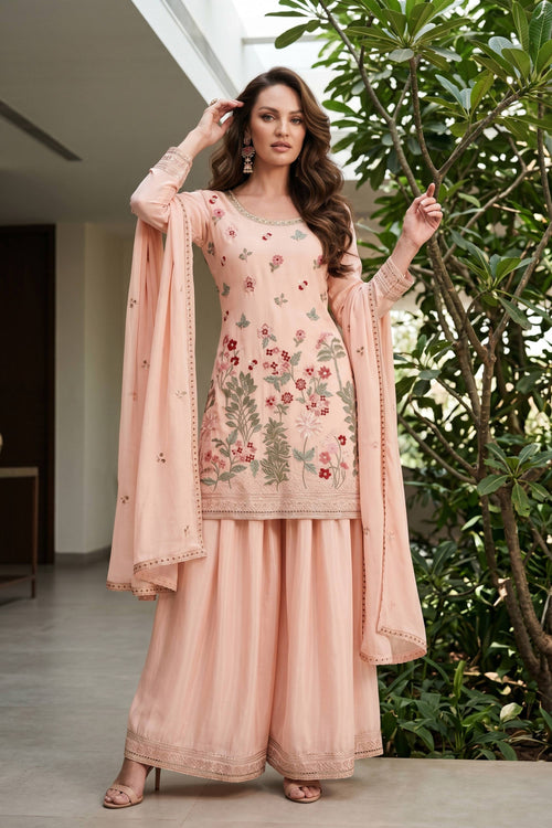 Embroidered Chinon Peach Readymade Palazzo Suit