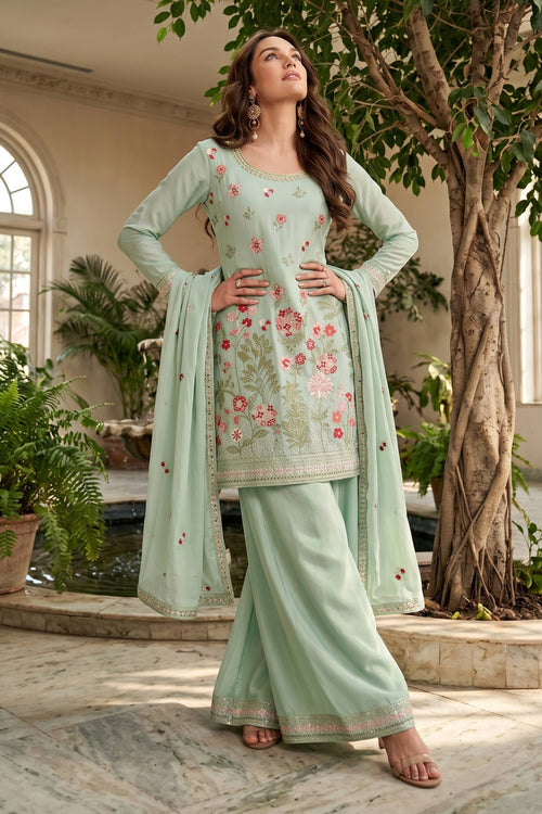 Chinon Sea Green Embroidered Readymade Palazzo Dress