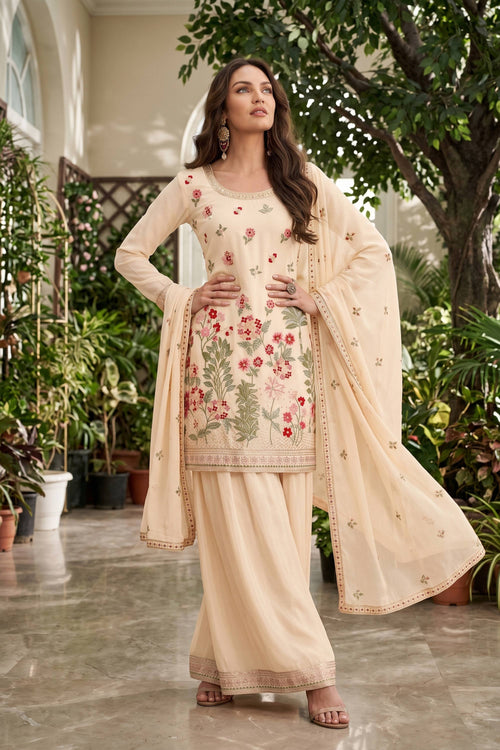 Beige Chinon Embroidered Readymade Palazzo Salwar Kameez
