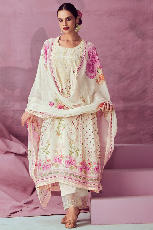 Off White Color Glittering Muslin Fabric Embroidered Salwar Suit