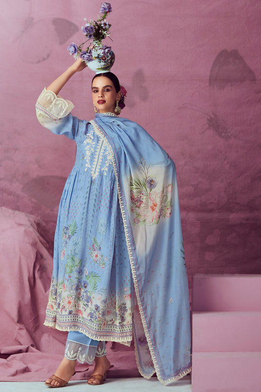 Dazzling Muslin Fabric Blue Color Embroidered Salwar Suit