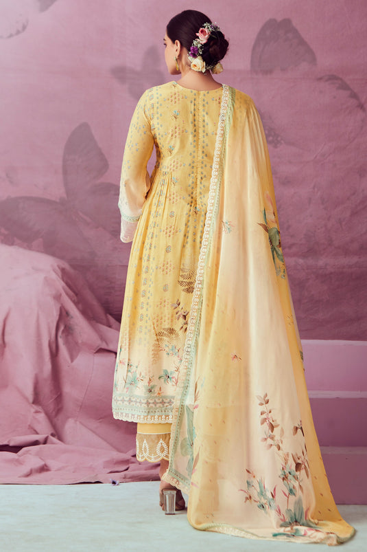 Muslin Fabric Yellow Color Excellent Embroidered Salwar Suit