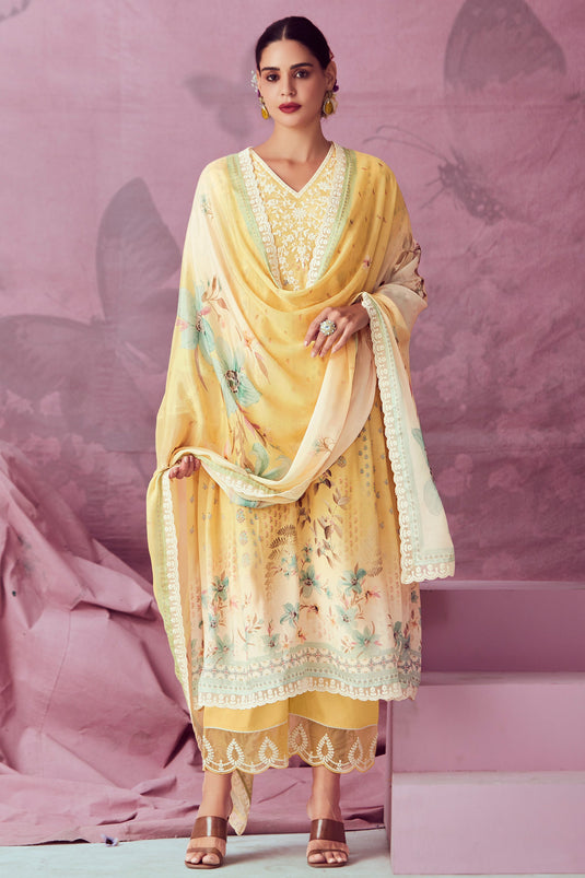 Muslin Fabric Yellow Color Excellent Embroidered Salwar Suit