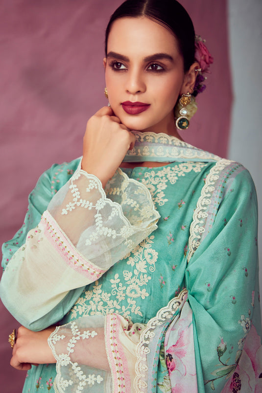 Glamorous Muslin Fabric Light Cyan Color Embroidered Salwar Suit