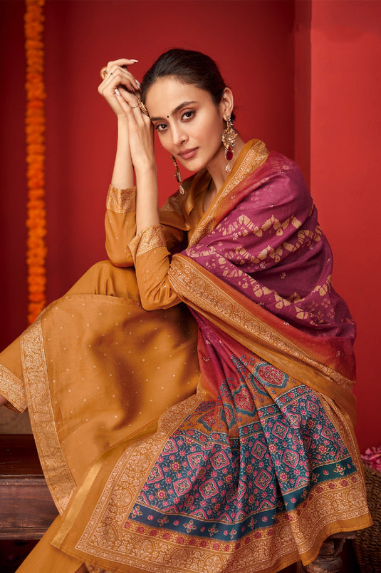 Brown Color Function Wear Embroidered Designer Long Straight Cut Salwar Suit In Viscose Fabric