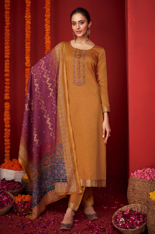 Brown Color Function Wear Embroidered Designer Long Straight Cut Salwar Suit In Viscose Fabric