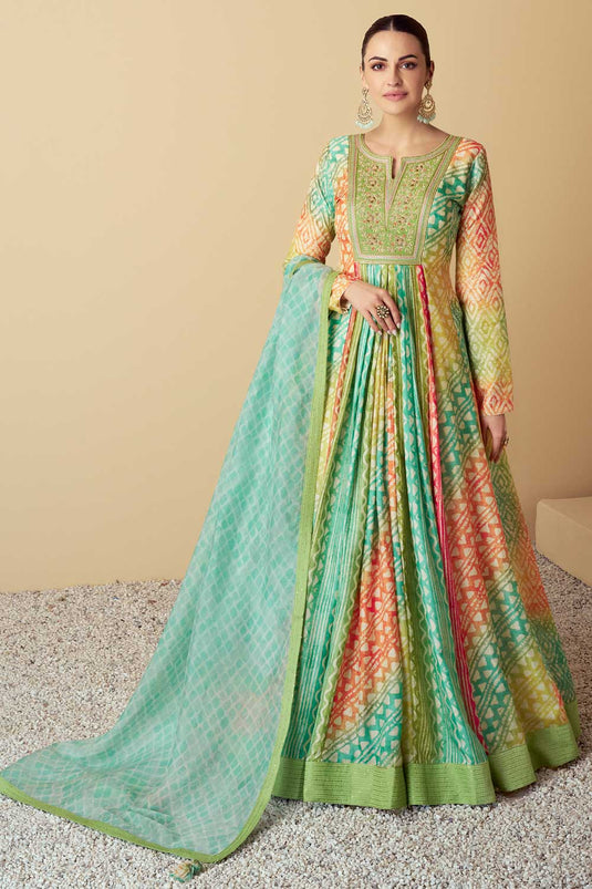 Muslin Fabric Glamorous Multi Color Gown With Dupatta