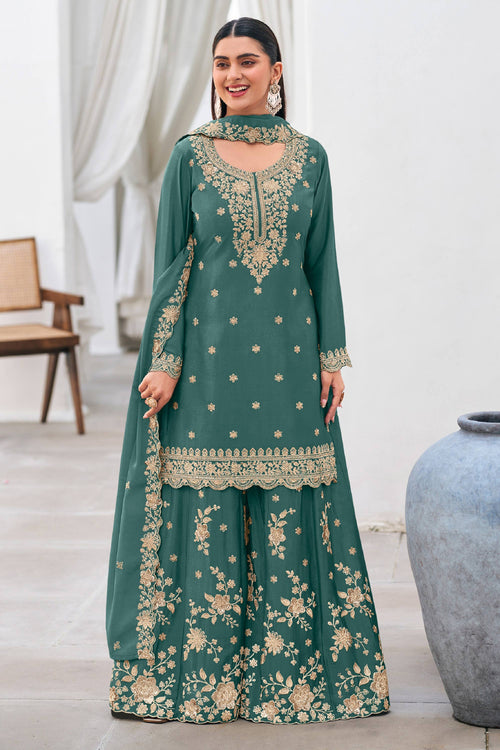 Cyan Floral Embroidered Sharara Suit