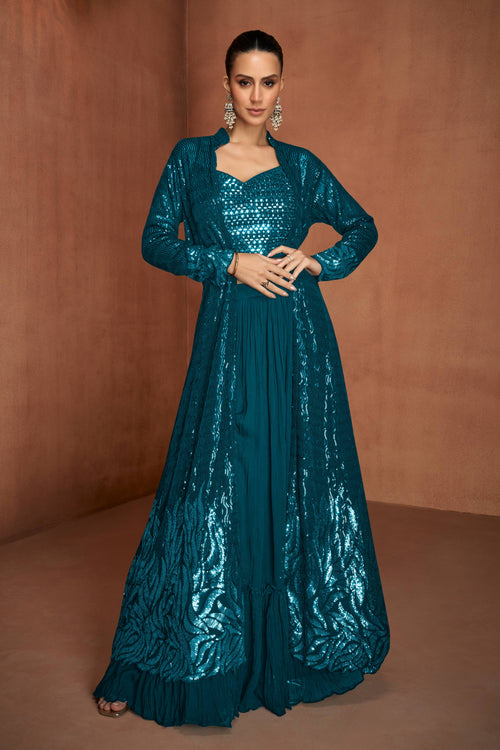 Georgette Fabric Teal Readymade Palazzo Set With Designer Blouse And Jacket