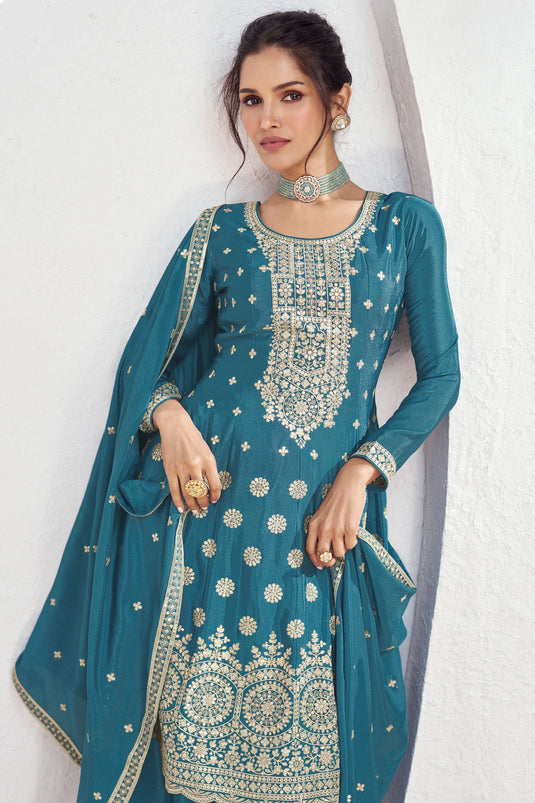 Vartika Singh Exclusive Cyan Color Readymade Palazzo Suit In Chinon Fabric