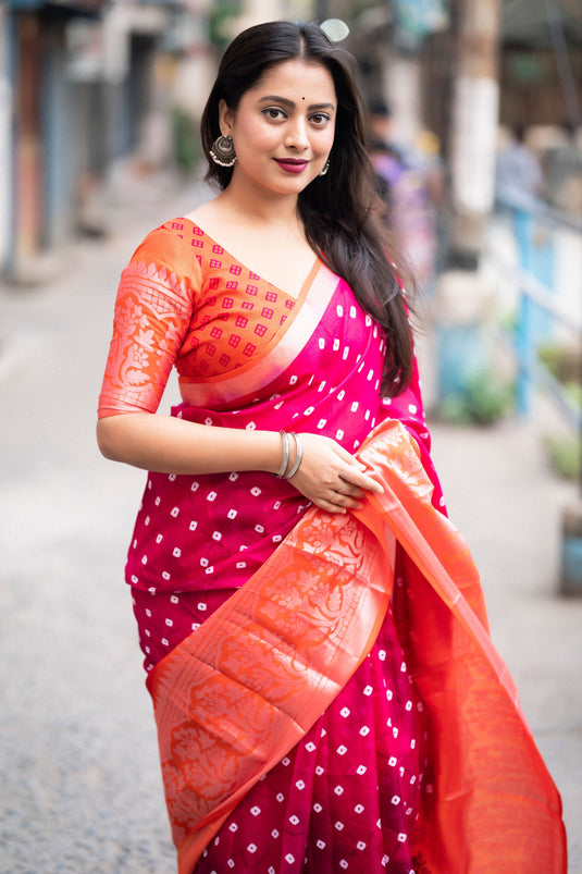 Rani Color Glorious Bandhani Style Printed Art Silk Saree
