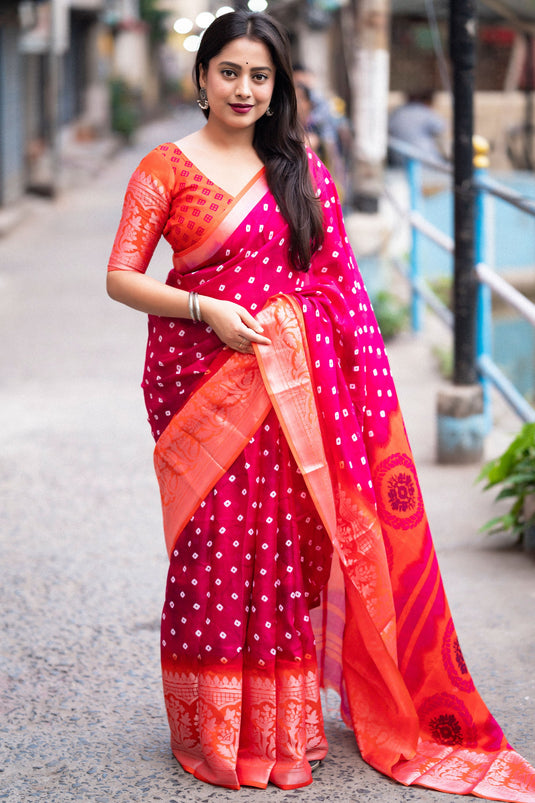 Rani Color Glorious Bandhani Style Printed Art Silk Saree