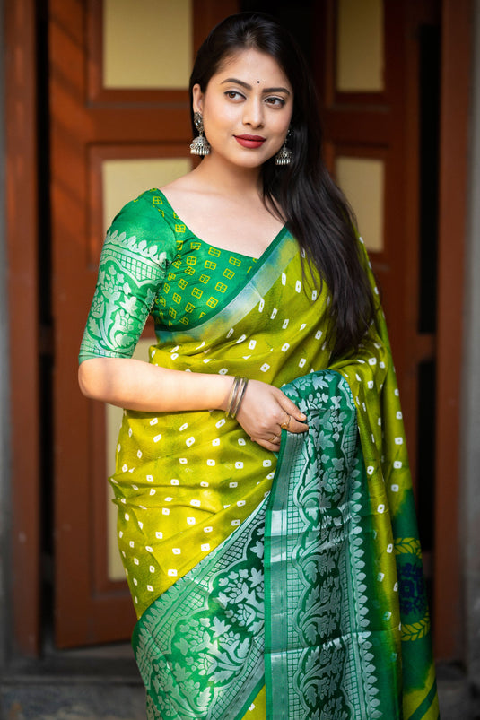 Blazing Green Color Bandhani Style Printed Art Silk Saree