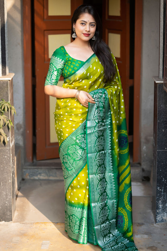 Blazing Green Color Bandhani Style Printed Art Silk Saree
