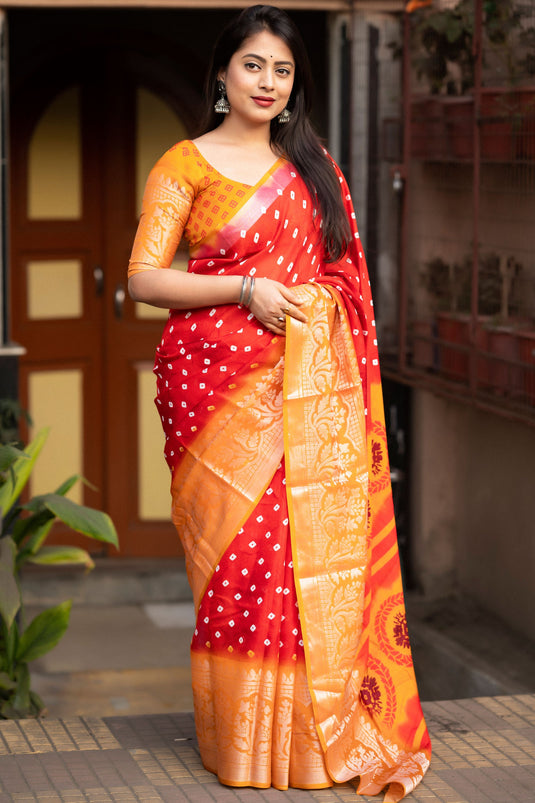Alluring Red Color Bandhani Style Printed Art Silk Saree