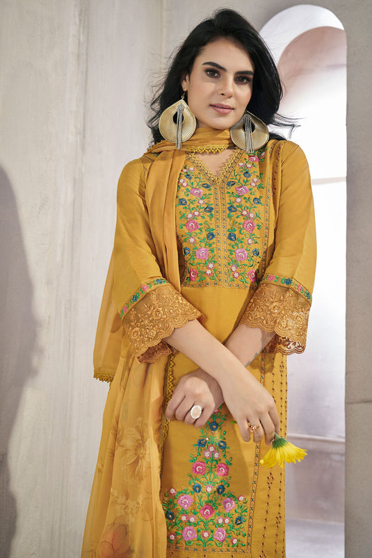 Viscose Fabric Festive Wear Beautiful Salwar Suit In Mustard Color