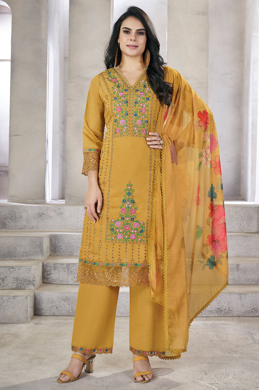 Viscose Fabric Festive Wear Beautiful Salwar Suit In Mustard Color