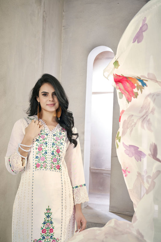 Off White Color Viscose Fabric Festive Wear Trendy Salwar Suit