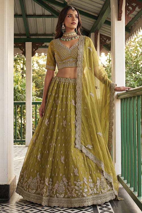 Green Embroidered Tissue Organza Wedding Wear Lehenga Choli