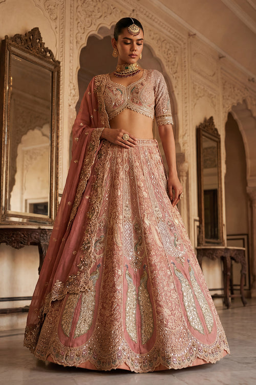 Beads Work Peach Tissue Lehenga Choli For Sangeet Function