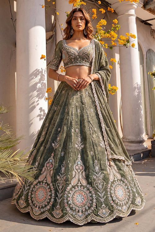 Olive Beads Work Viscose Wedding Wear Lehenga Choli